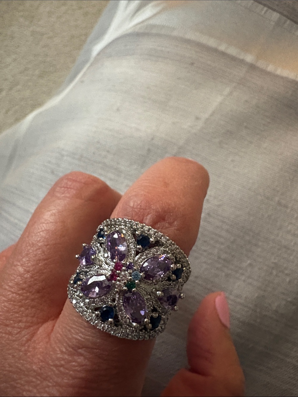 Sterling Floral Cluster Ring with Purple Swarovski stones size 6